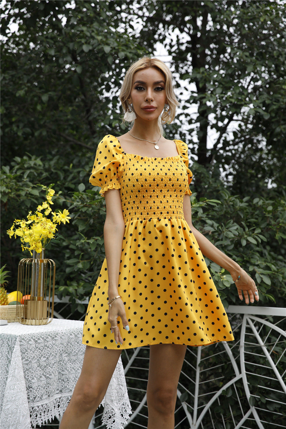Stevens Puff Sleeve Babydoll Dress Yellow