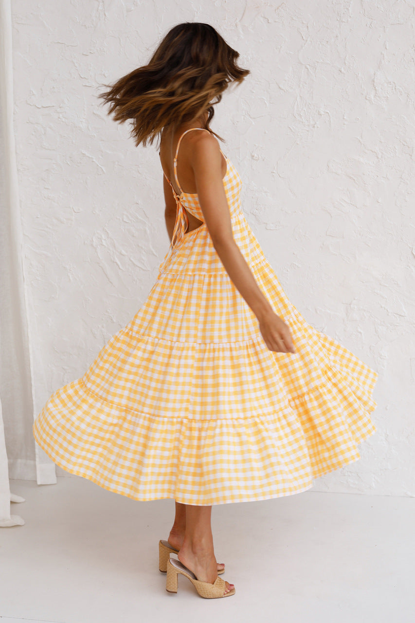 Kinslee Smocked Gingham High Low Maxi Dress Yellow