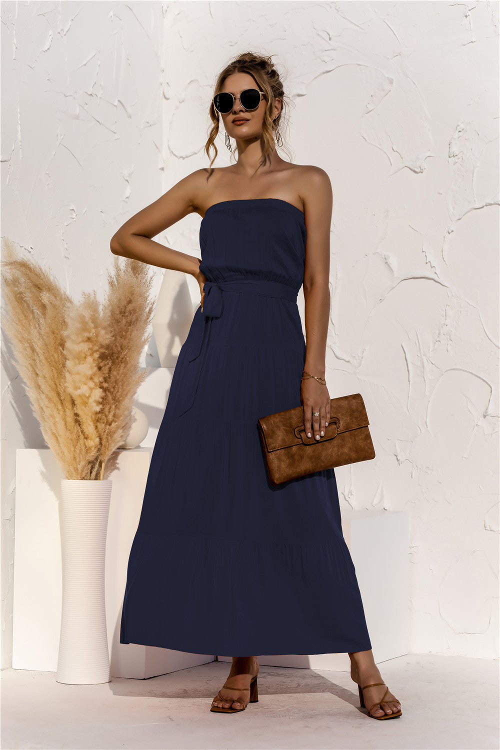 Free Falling Strapless Tiered Maxi Dress Deep Navy