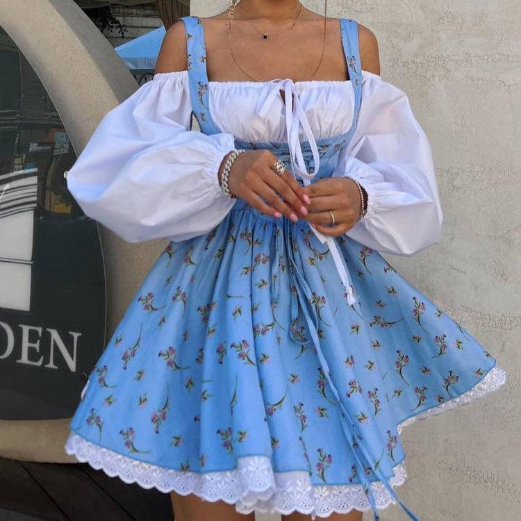 Bubble Sleeve Strap Tube Top Faux Two Piece French Dress Floral Cami Dress