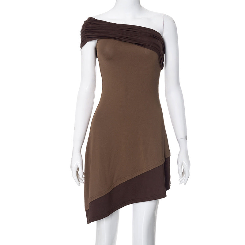 Diagonal Collar Contrast Color Sleeveless High Waist Dress