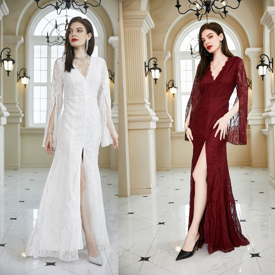 Women Clothing Lace Dress Wedding Bridesmaid Long Sleeve V neck Slim Hip Wine Red Dress