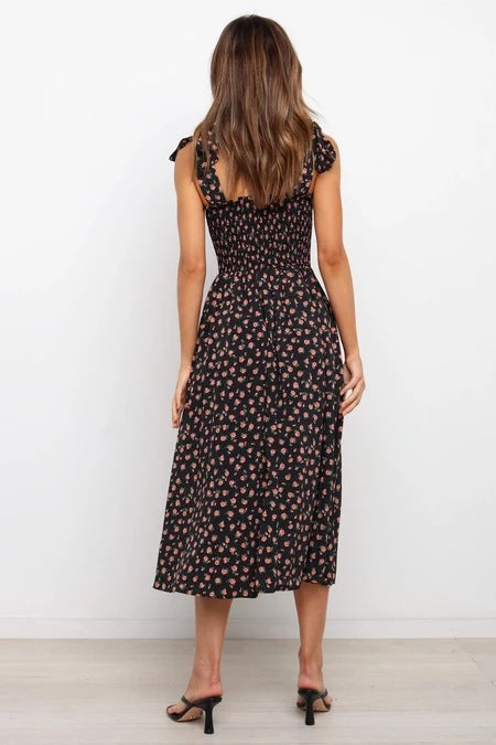 Violette Floral Satin Cutout Maxi Dress Black