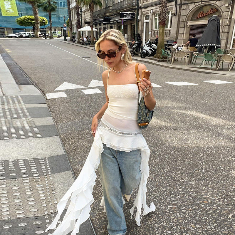 Strap off Neck Lace Stitching Irregular Asymmetric Dress