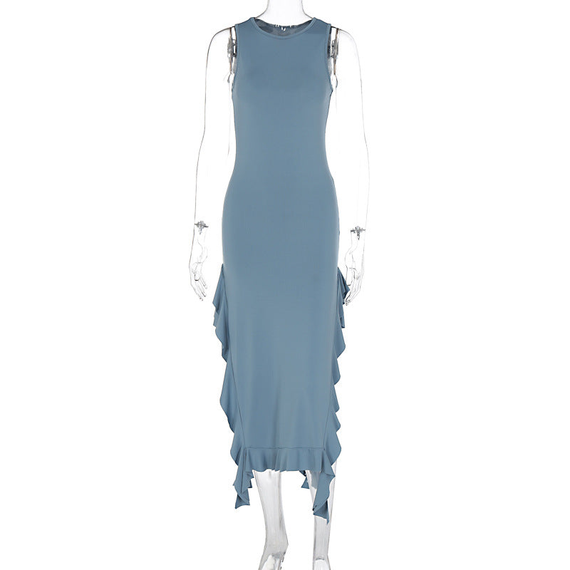 round Neck Flounce Slim Fit Slit Dress Girls