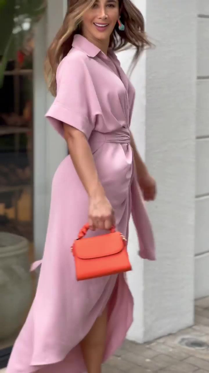 Essence Satin Tie Front Midi Shirt Dress Lavender