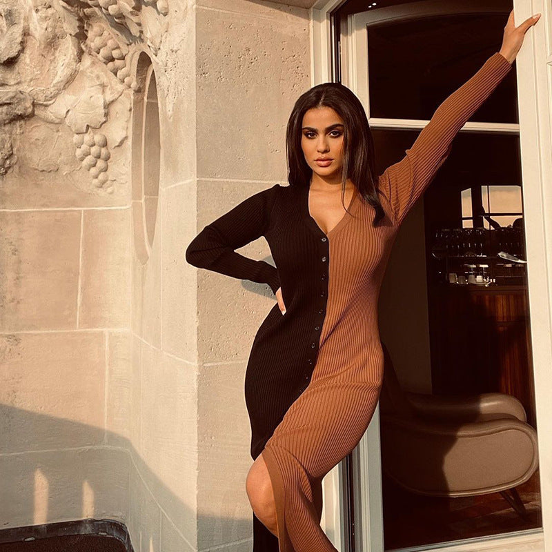 Abril Colorblock Button Front Knit Midi Dress Black Tan