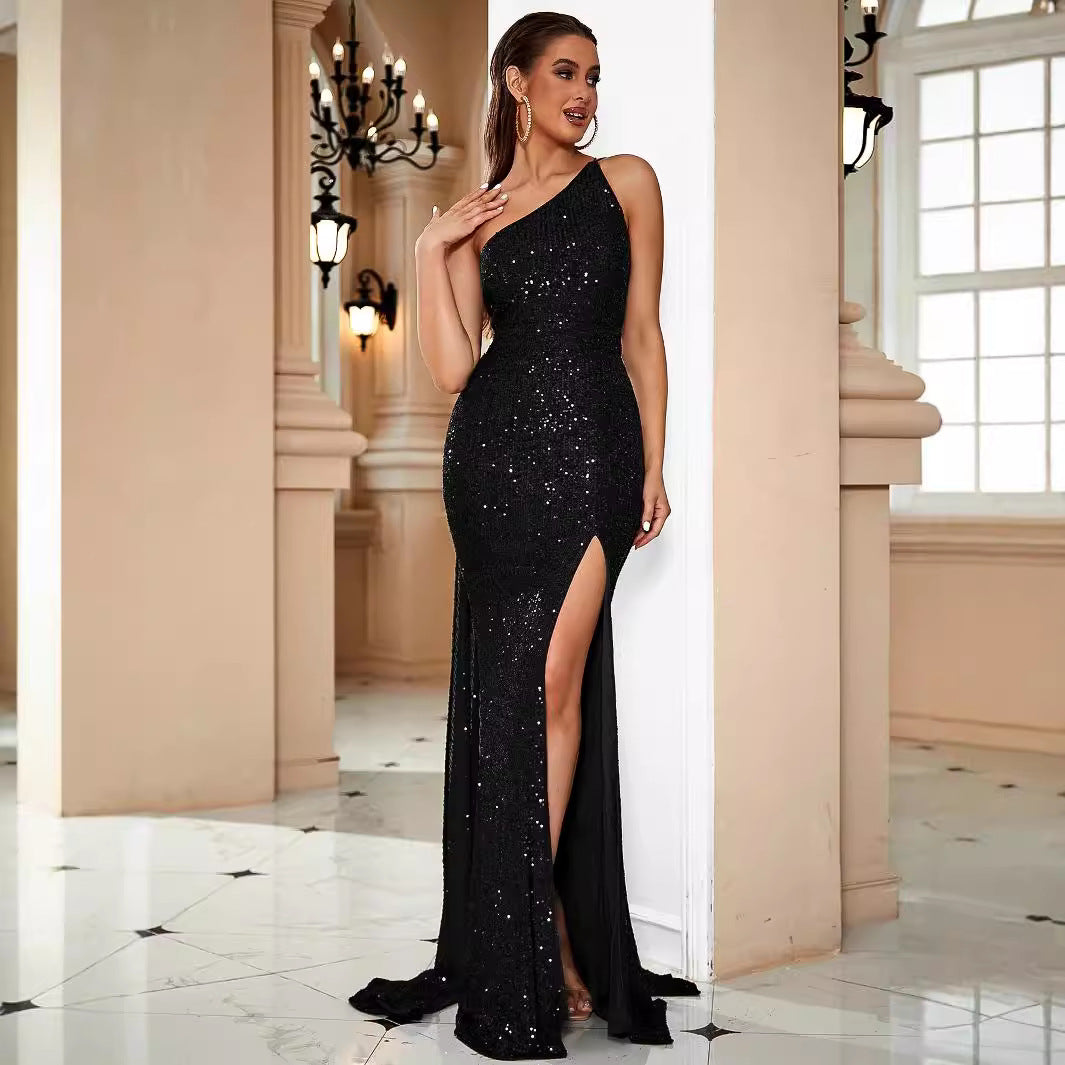 Sling Shoulder Black Dinner Sequ Dress