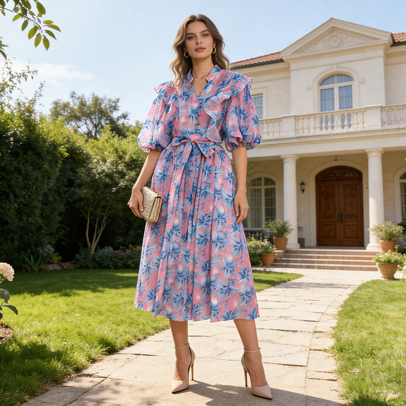 Spring Elegant Floral Patchwork Maxi Dress Puff Sleeve Slim Fit Slimming V neck Dress for Women