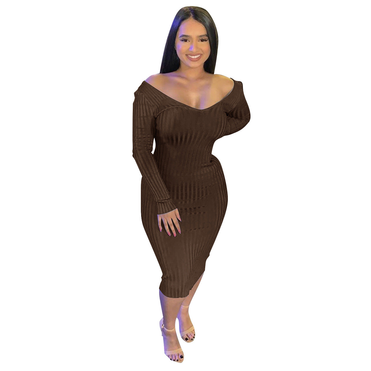 Troy Off The Shoulder Knit Midi Dress Chocolate FINAL