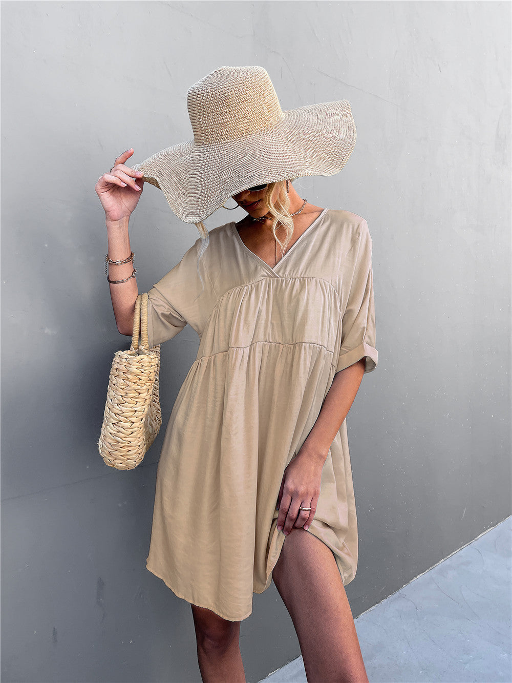 Goodness Cotton Pocketed Babydoll Dress Khaki