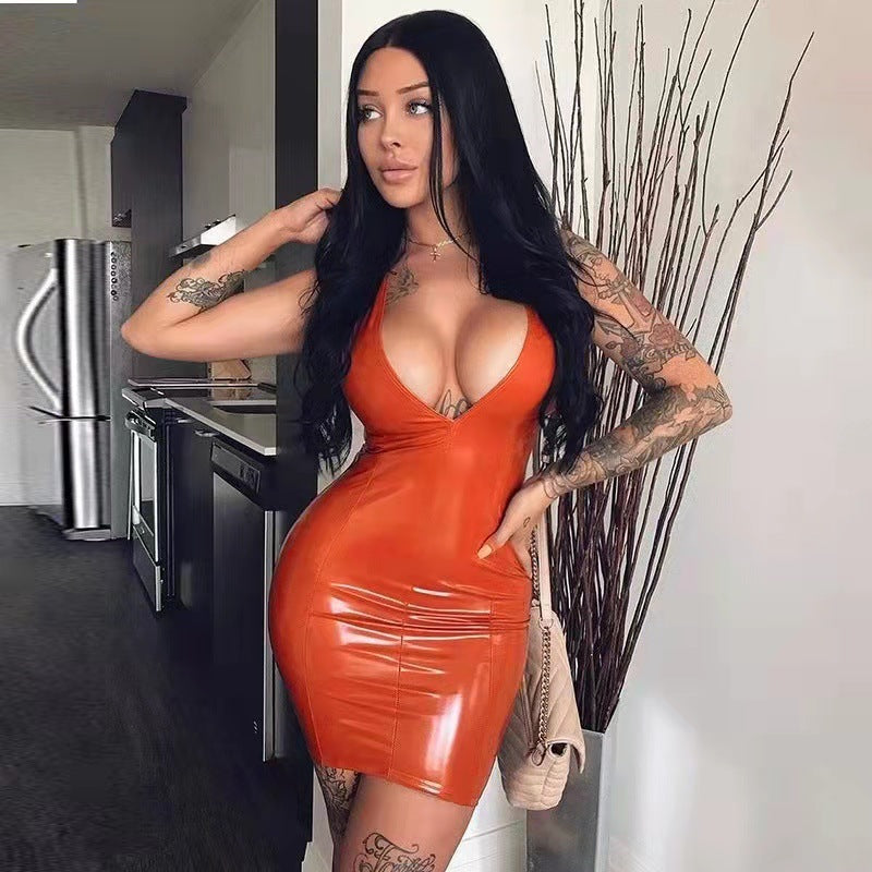 Sleeveless Large V neck Tight Waist Slimming Sheath Dress