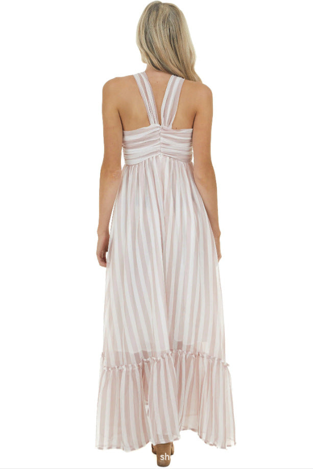 Evelyn Striped Halter Maxi Dress Blush Multi