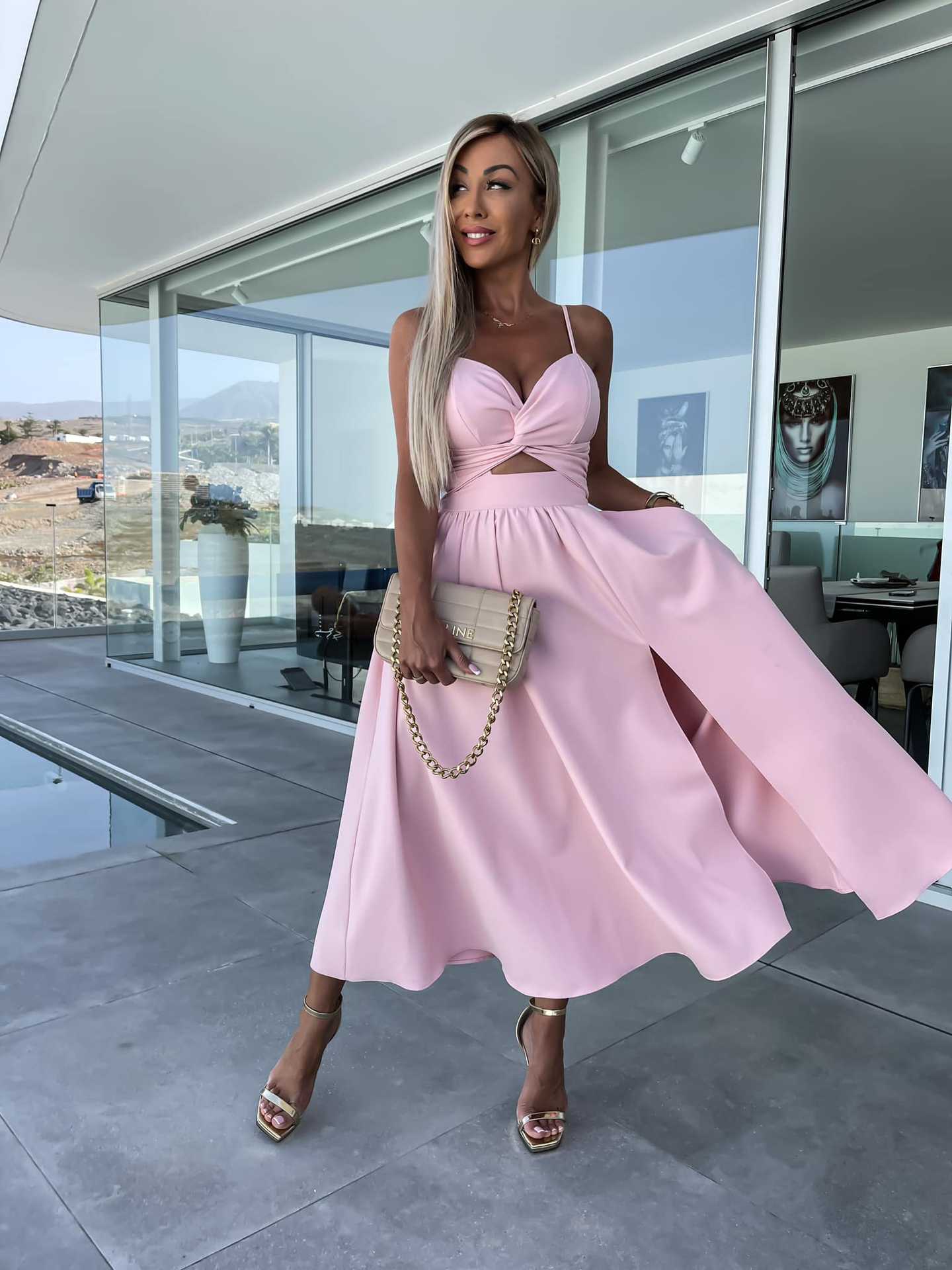 Socialite Deep V Plunge neck Hollow Out Cutout Big Slit Hemline Camisole Gown Dress
