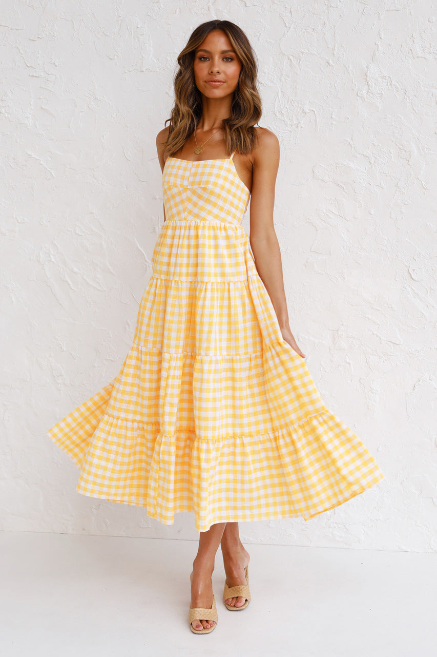 Kinslee Smocked Gingham High Low Maxi Dress Yellow