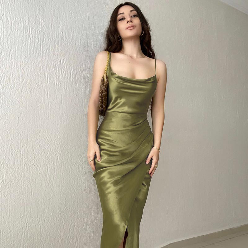 Turn Of Events Satin Midi Slip Dress Olive