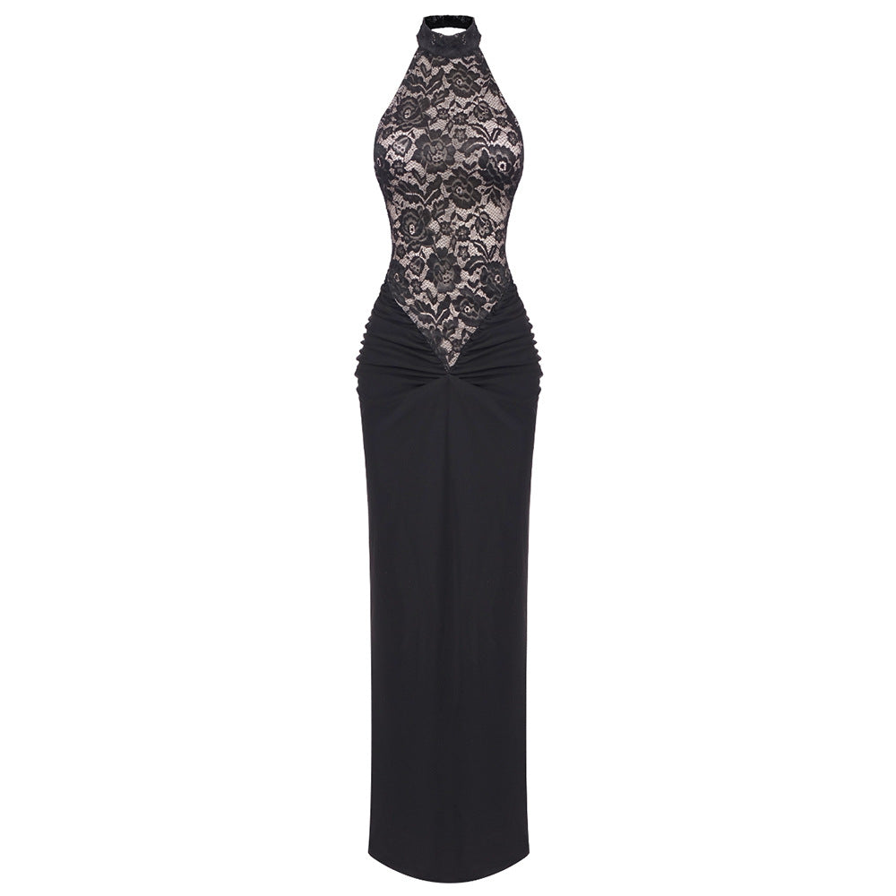 Sheer Cutout Lace Breathable Backless Sleeveless Black Slim Fit Dress Stretch