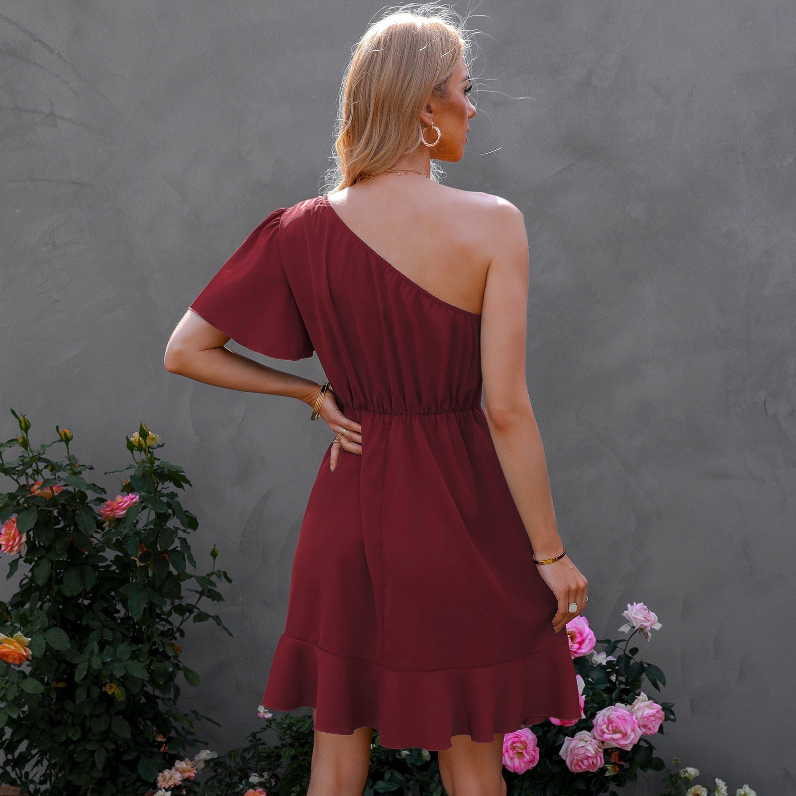 Kaine Satin One Shoulder Ruffle Dress Red FINAL