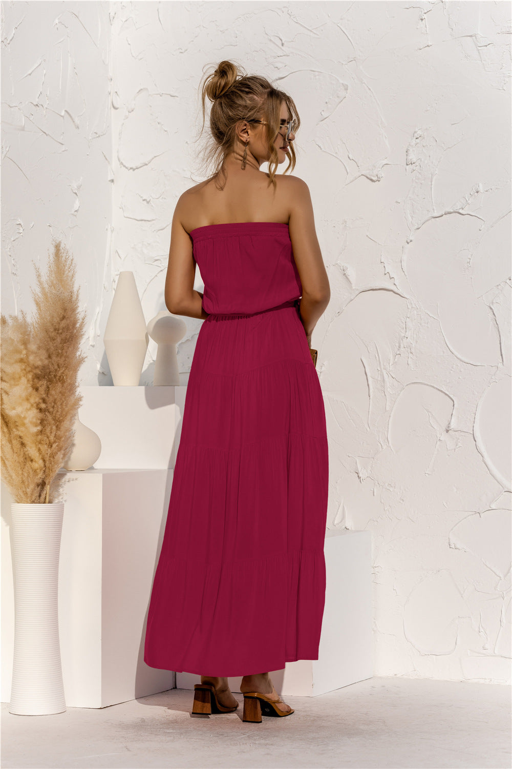 Free Falling Strapless Tiered Maxi Dress Merlot