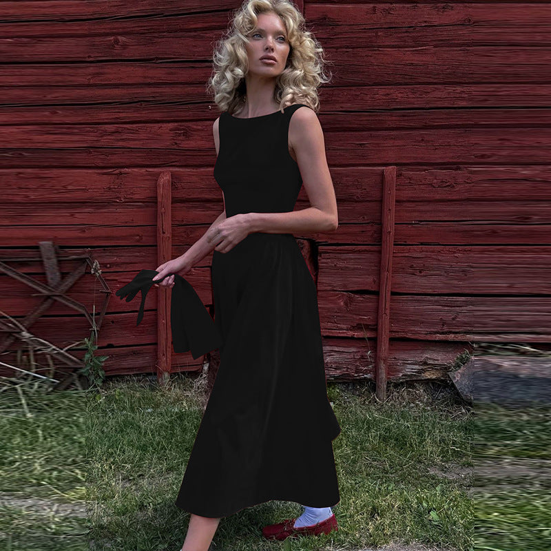 Solid Color Sleeveless Waist Slim Backless Dress