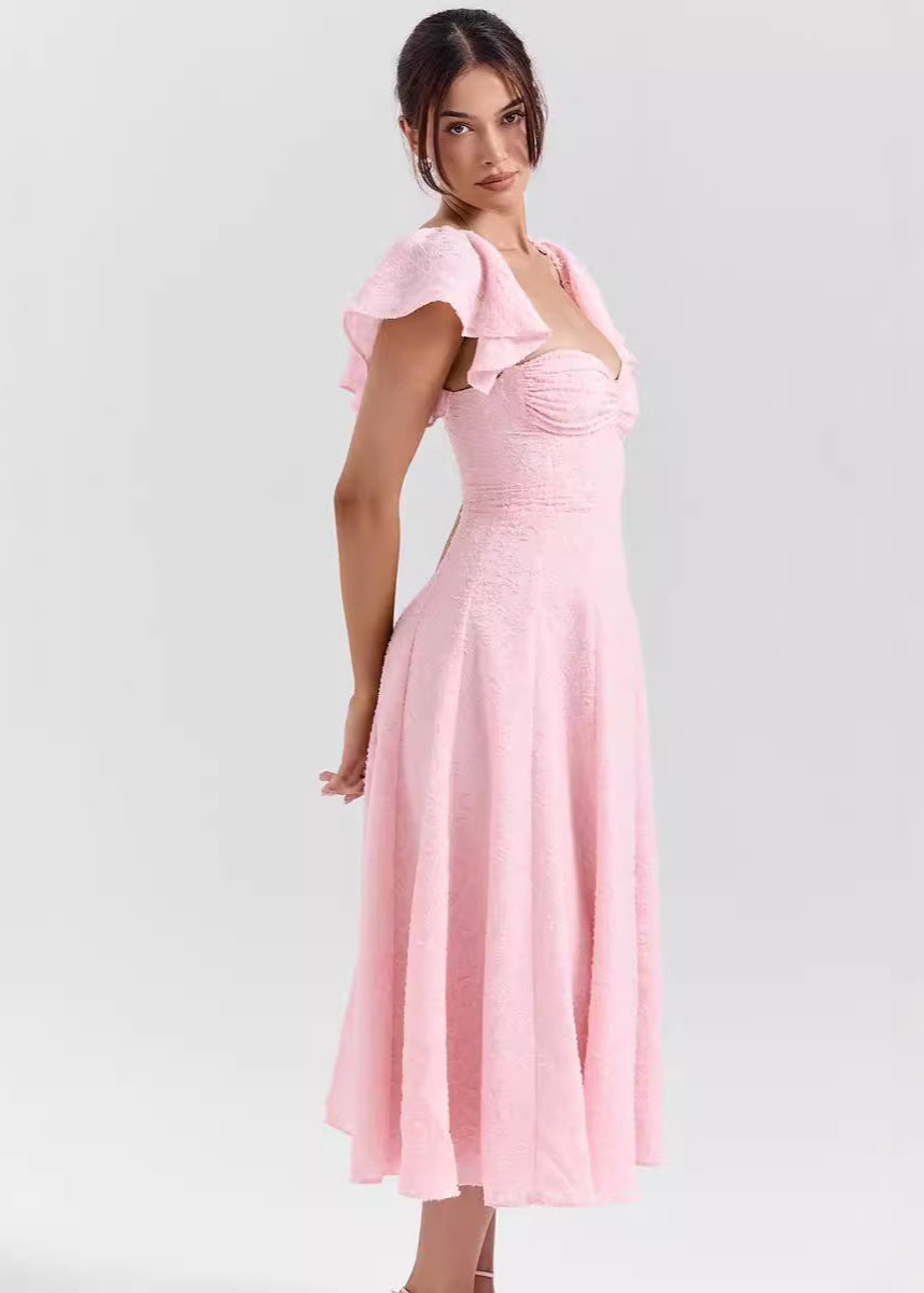 Rosalie Textured Flutter Sleeve Midi Dress