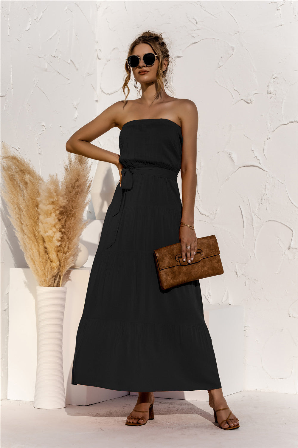 Free Falling Strapless Tiered Maxi Dress Olive