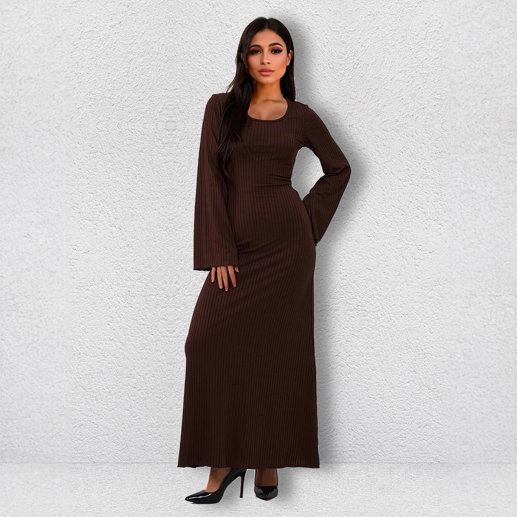 Bandage Big Pit Strip U Neck Long Sleeved Dress