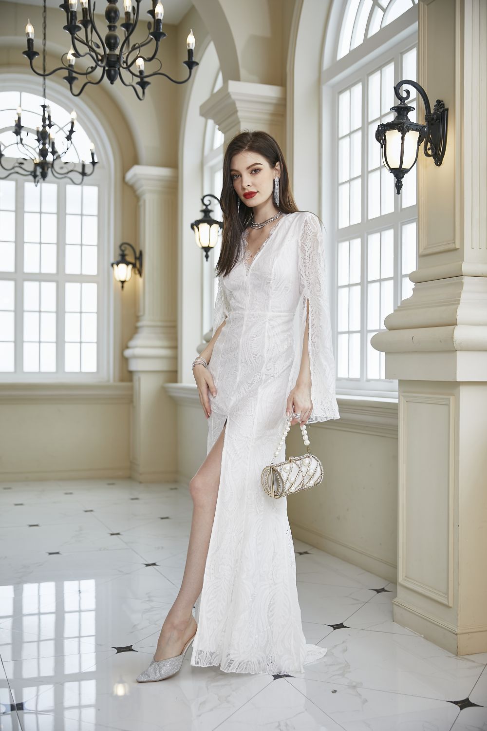 Women Clothing Lace Dress Wedding Bridesmaid Long Sleeve V neck Slim Hip Wine Red Dress