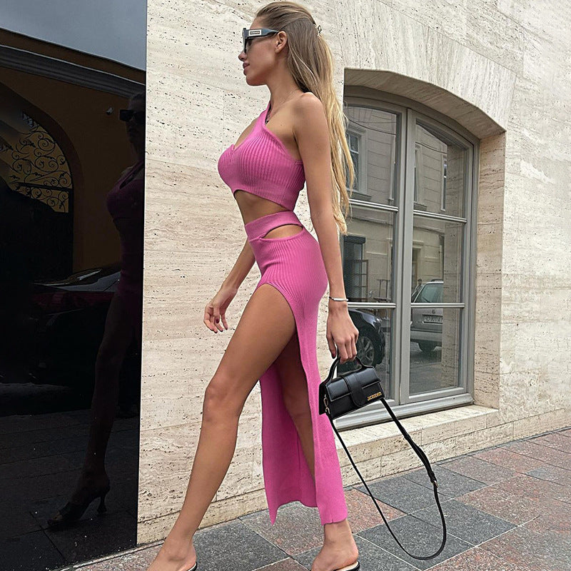 Solid Color Thread One Piece Cropped Hollow out Split Maxi Dress
