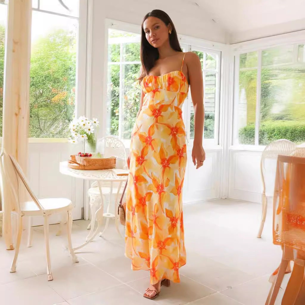 Fresh Sweet Floral Print Backless Mid Length Dress