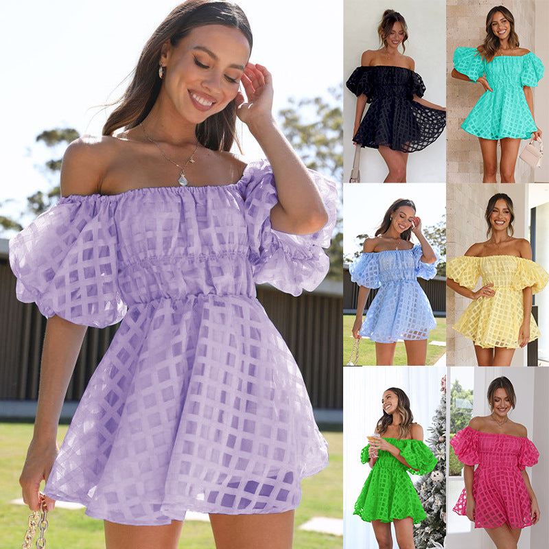 Backless off Shoulder Puff Sleeve High Waist Short Dress for