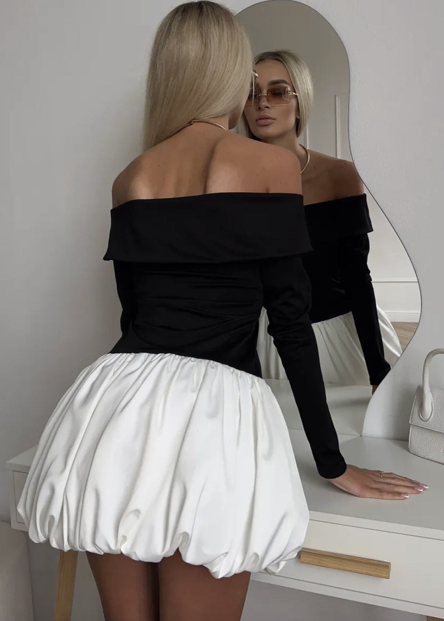 Noir Elegance Off Shoulder Balloon Mini Dress