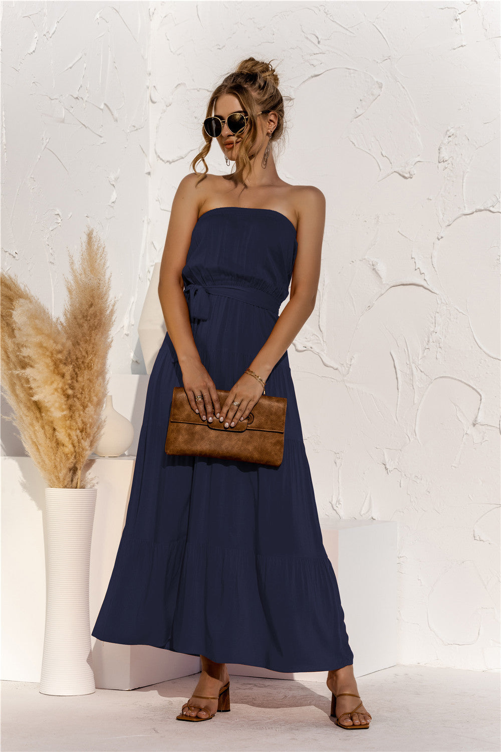 Free Falling Strapless Tiered Maxi Dress Deep Navy