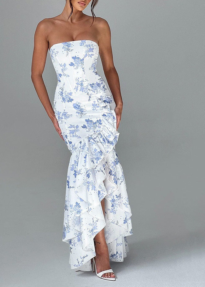 Floral Elegance Strapless Ruffled Maxi Dress