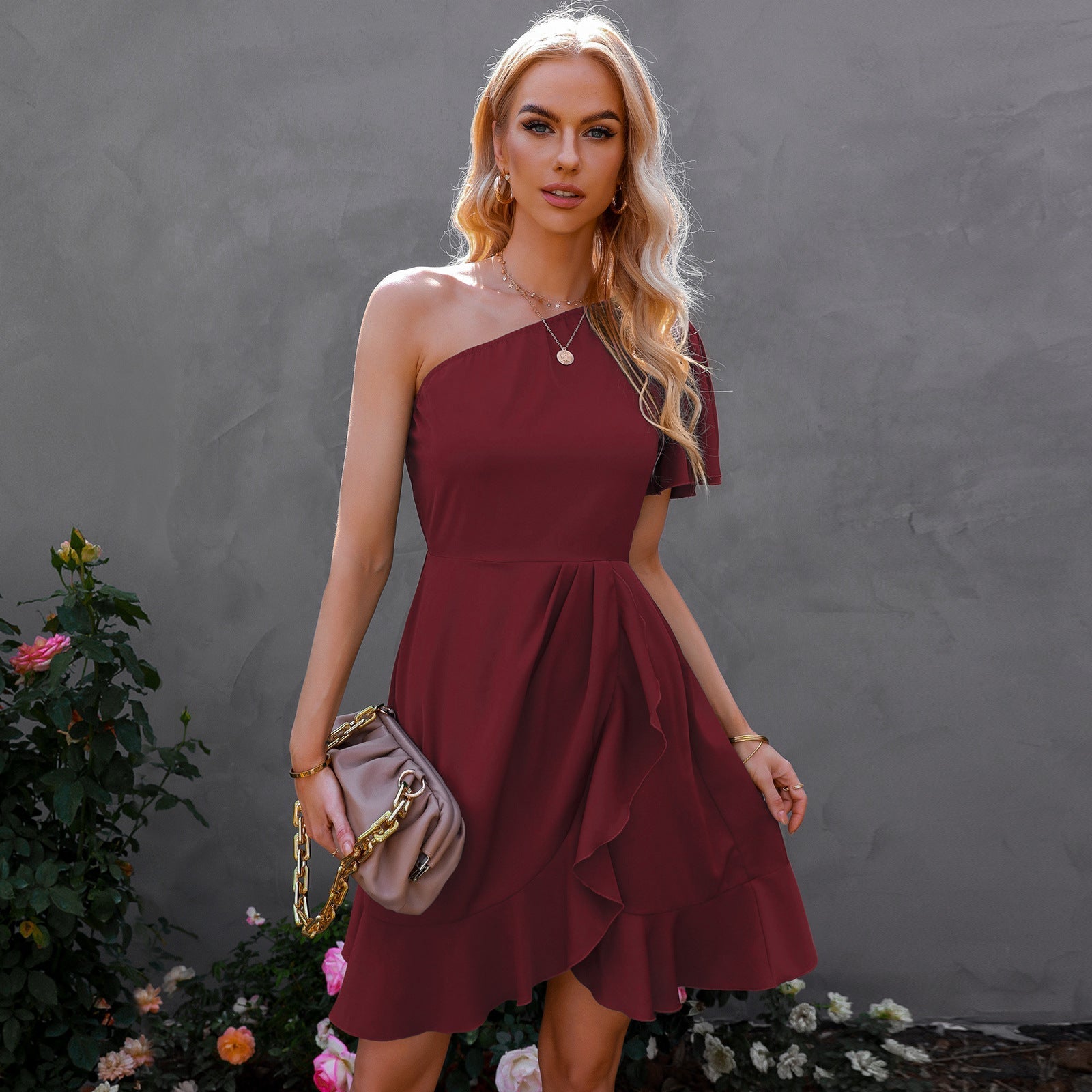 Kaine Satin One Shoulder Ruffle Dress Red FINAL