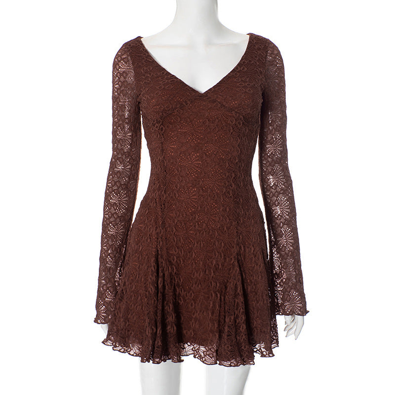 Lace Stitching Elegant V neck Long Sleeve Slim Fit Dress