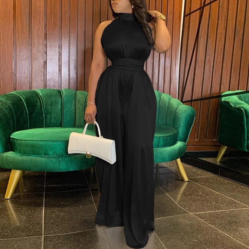 Women Clothing Sleeveless Loose Belted Refreshing Wide Leg Pants