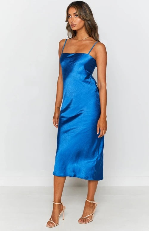 Night To Remember Satin Maxi Dress Robin Blue