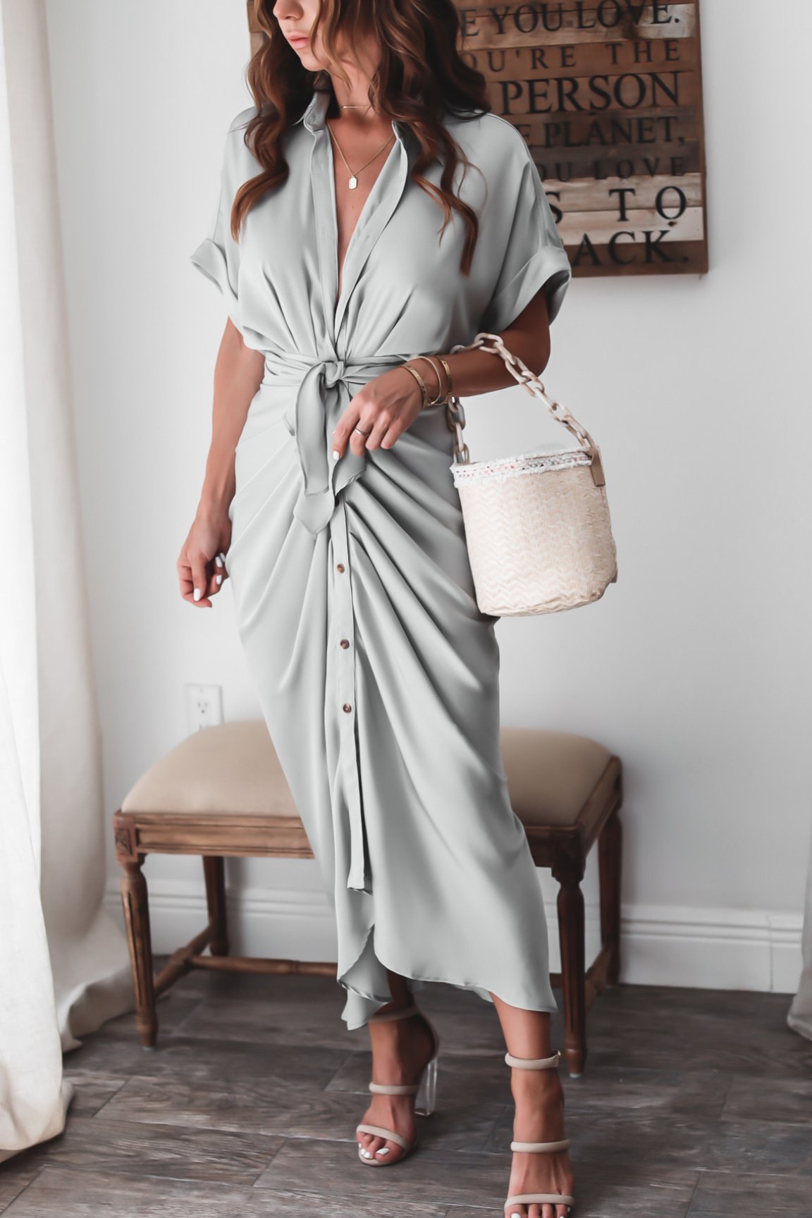 Luv Satin Tie Front Midi Shirt Dress Olive
