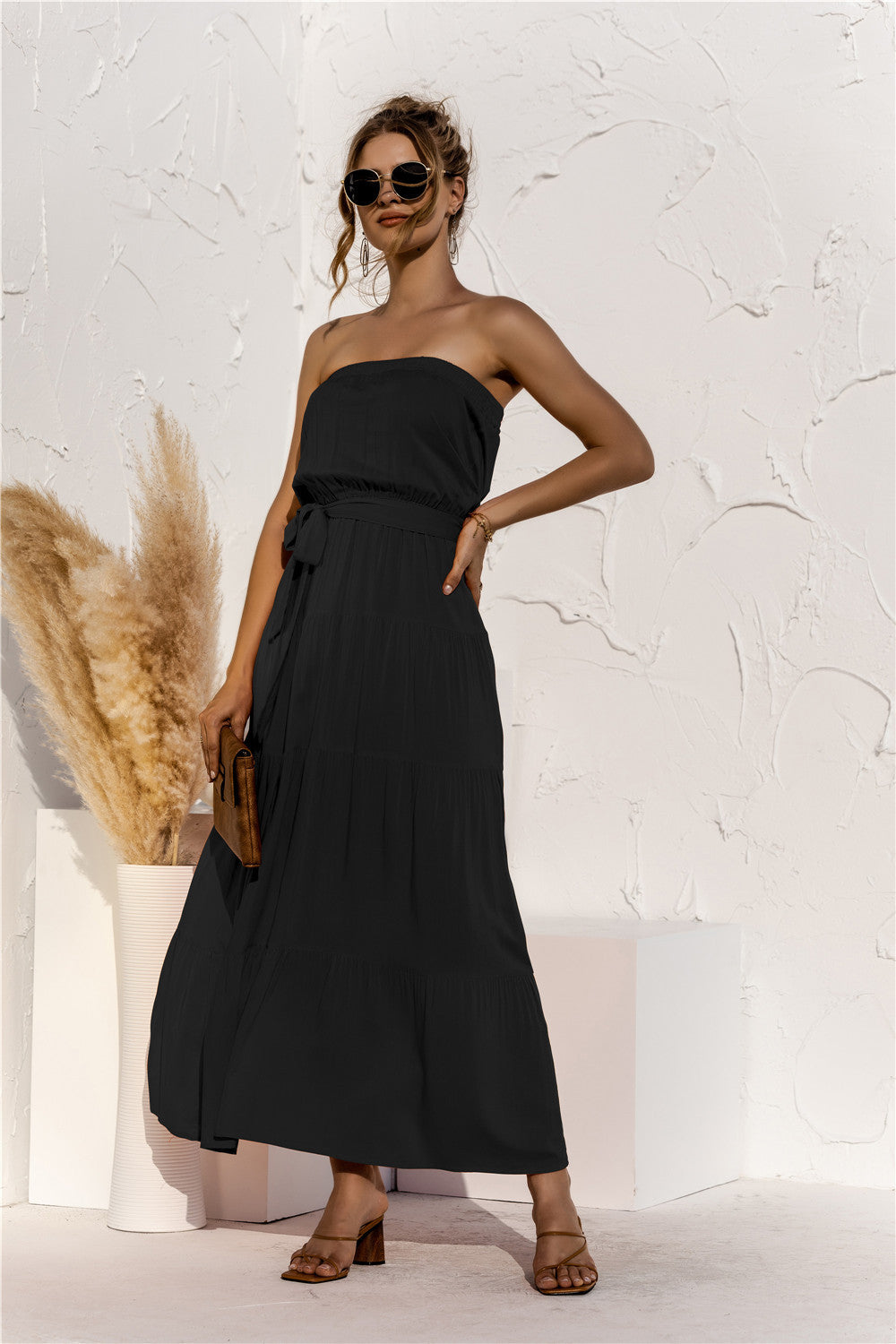 Free Falling Strapless Tiered Maxi Dress Olive