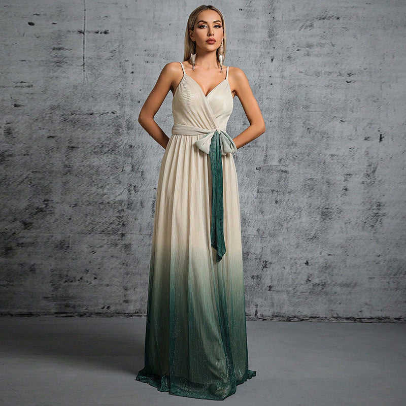 Evening Dress Strap Backless Lace up Gradient Color Maxi Formal Dress