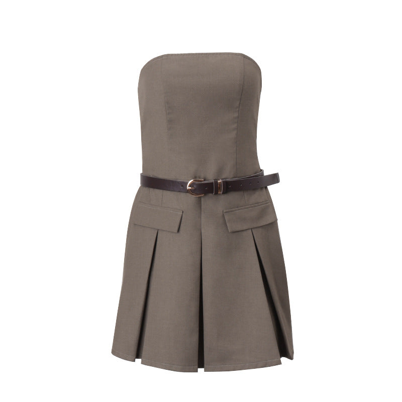 Women's Clothing 2024 Autumn Fashion Personality Street Retro Tube Top Slim Dress Pleated Skirt