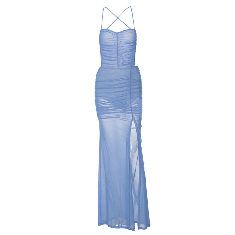 Popular Sling Solid Color Backless Slit Dress Delivery