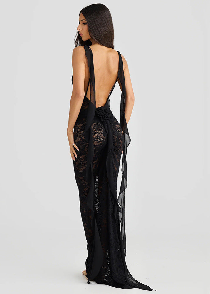 Verona Sheer Lace Backless Maxi Dress
