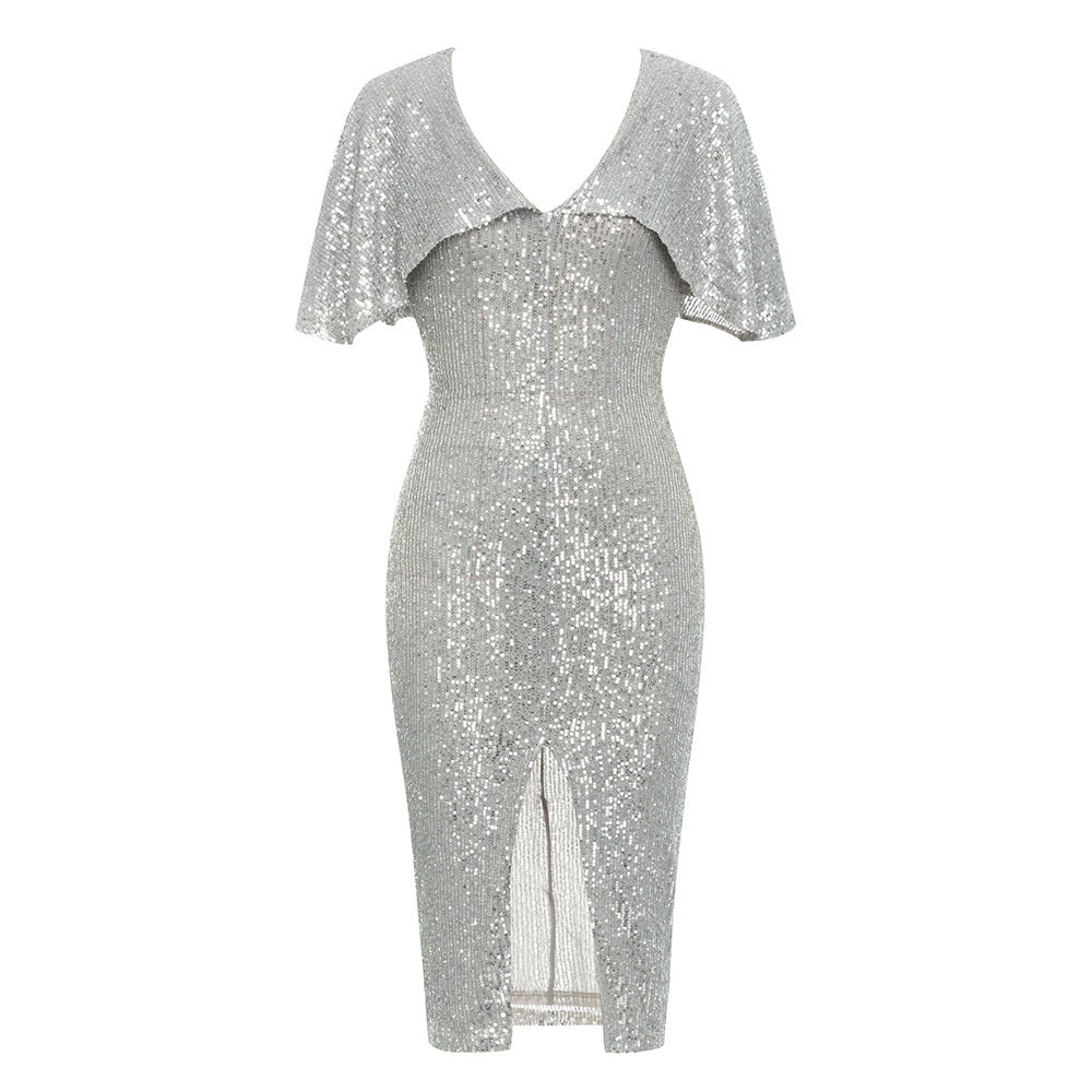 Dress for Simple V neck Flounced Sleeve Short Sleeve Sequined Party Split Dress