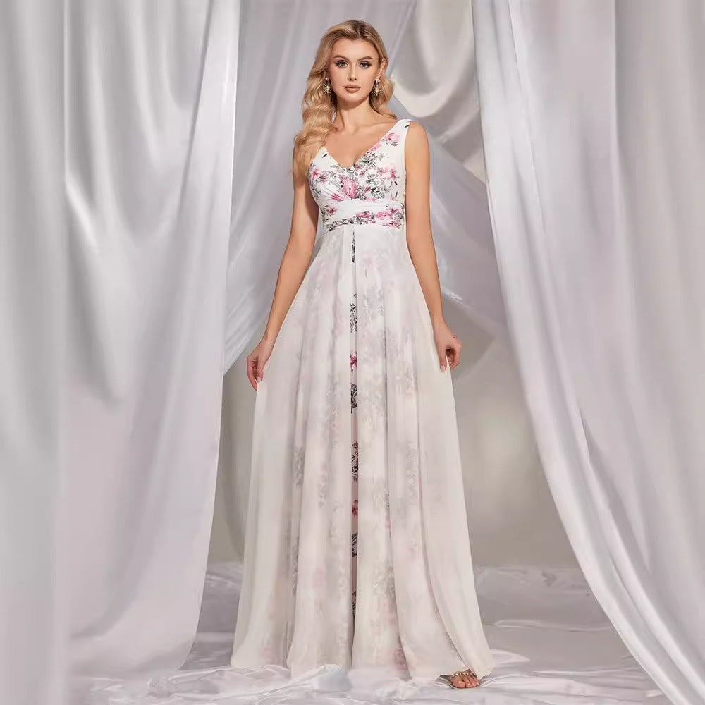 Chiffon White V Collar Printed Dress Slim Fit Maxi Dress Cocktail Evening Dress Bridesmaid Dress for