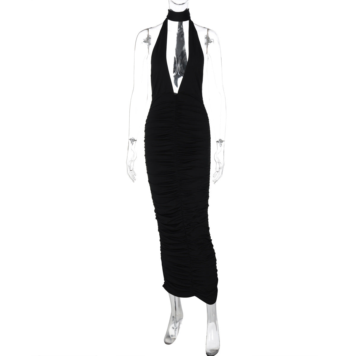 Solid Color Deep V Plunge neck Halter Backless Slim Fit Dress
