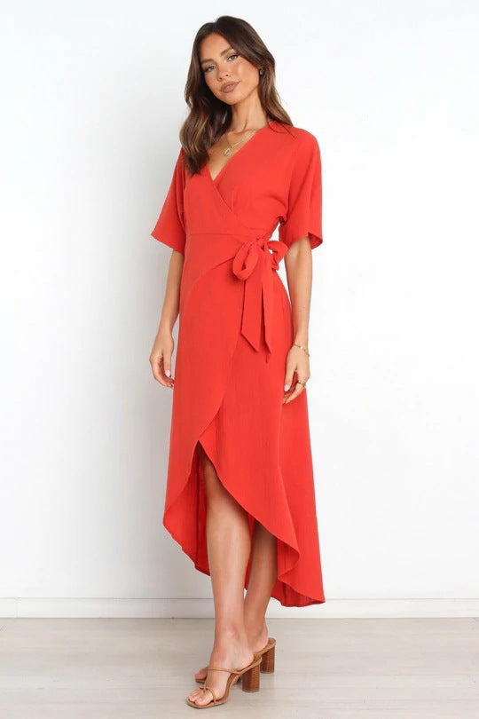 Santos Ruffle Wrap Midi Dress Rust