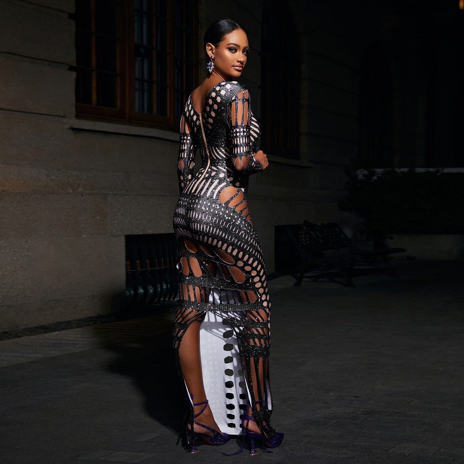 Ripped Skinny Sheath Dress Rhinestone Printed Dress