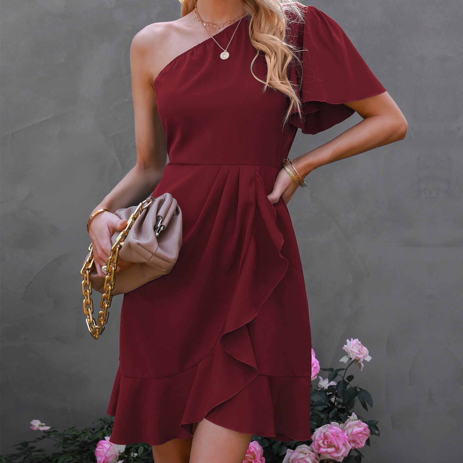 Kaine Satin One Shoulder Ruffle Dress Red FINAL